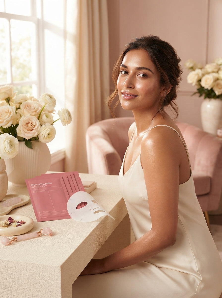 A South Asian woman with glowing, hydrated skin in a soft pink and cream-toned room, reflecting a professional skincare resul
