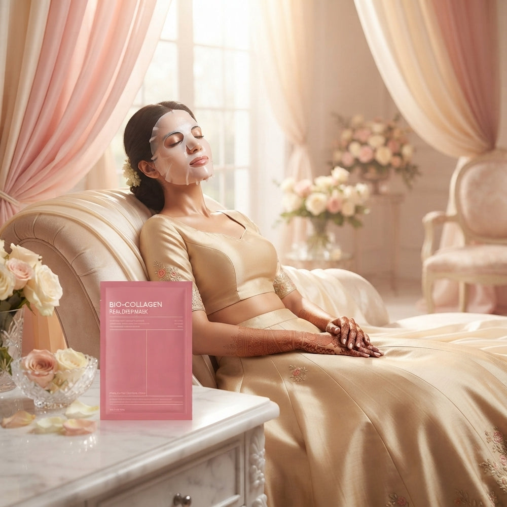 A radiant Indian bride with glowing skin wearing a hydrogel face mask, with the Bio-Collagen Real Deep Mask packaging nearby.