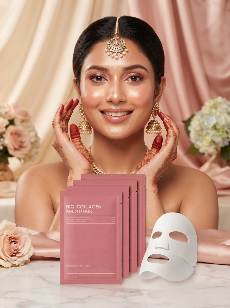 A South Asian woman with glowing, radiant skin preparing for a wedding celebration next to Bio-Collagen Real Deep Mask packag